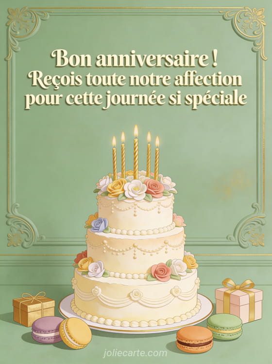 Gâteau à trois étages orné de fleurs en sucre et bougies dorées, entouré de macarons et cadeaux sur fond vert sauge