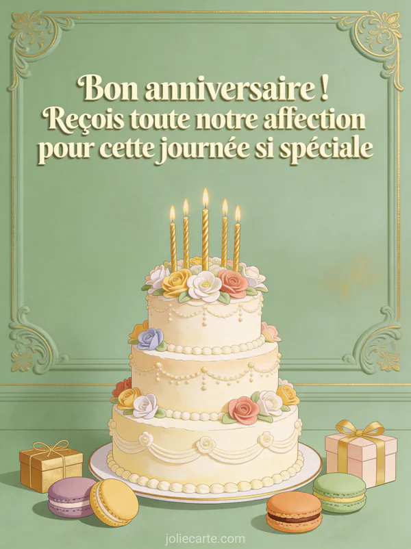Gâteau à trois étages orné de fleurs en sucre et bougies dorées, entouré de macarons et cadeaux sur fond vert sauge