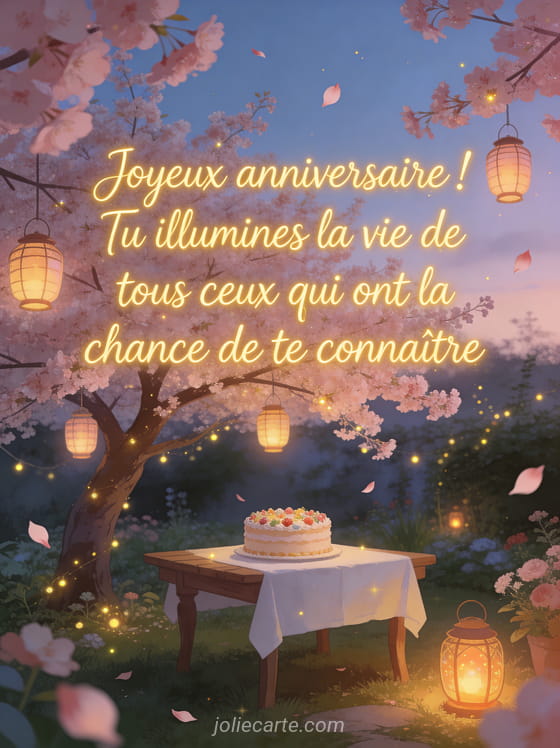 Jardin enchanté au crépuscule avec lanternes dans les branches, fleurs de cerisier, lumières féeriques et gâteau d'anniversaire