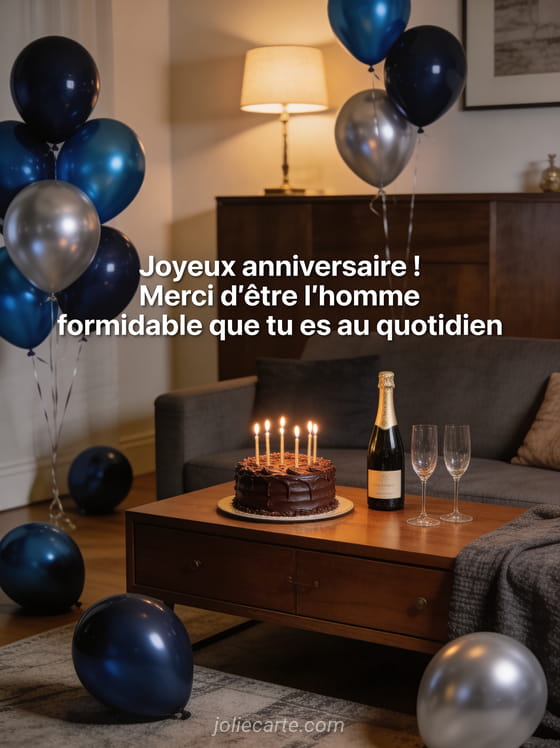 Salon élégant avec ballons bleu nuit et argent, gâteau au chocolat avec bougies, champagne et coupes, ambiance tamisée