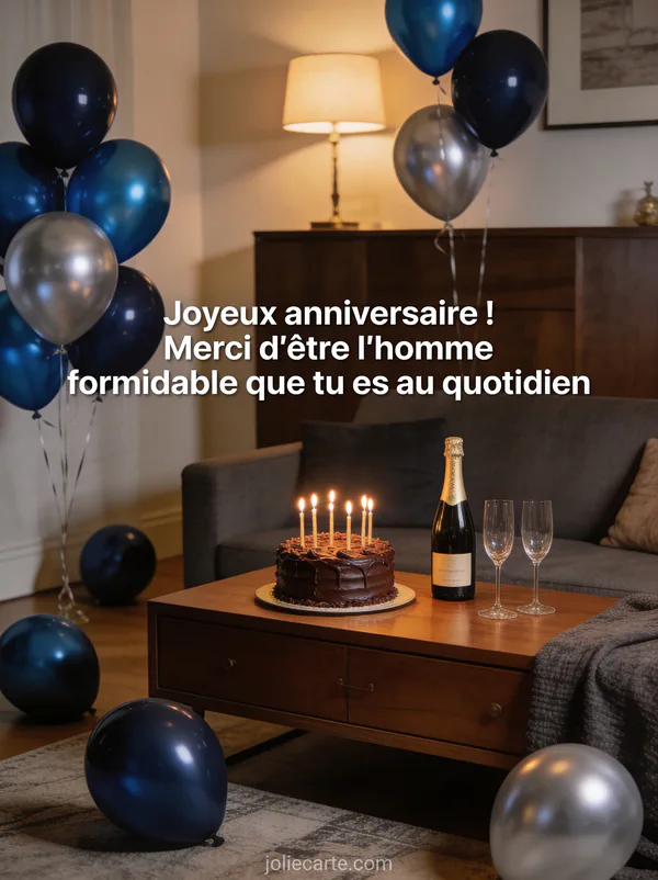 Salon élégant avec ballons bleu nuit et argent, gâteau au chocolat avec bougies, champagne et coupes, ambiance tamisée