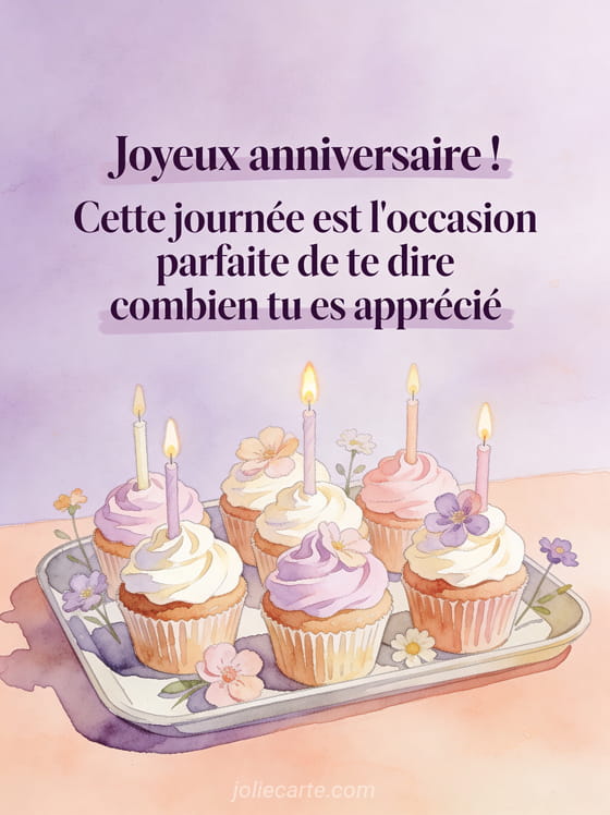 Aquarelle de cupcakes décorés de crème pastel sur un plateau avec petites fleurs et bougies, tons lavande et pêche