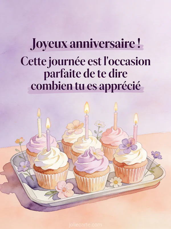 Aquarelle de cupcakes décorés de crème pastel sur un plateau avec petites fleurs et bougies, tons lavande et pêche