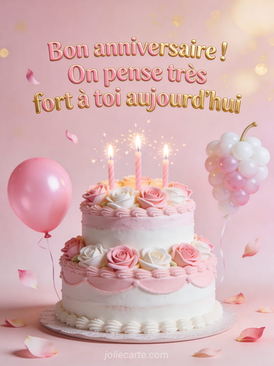 Gâteau d'anniversaire rose et blanc avec roses en sucre et bougies étincelantes, ballons roses et pétales volants