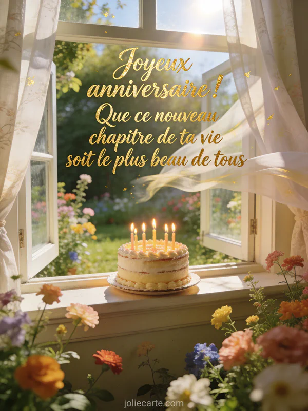 Fenêtre ouverte sur un jardin printanier fleuri avec gâteau d'anniversaire et bougies sur le rebord, lumière du soleil et rideaux légers