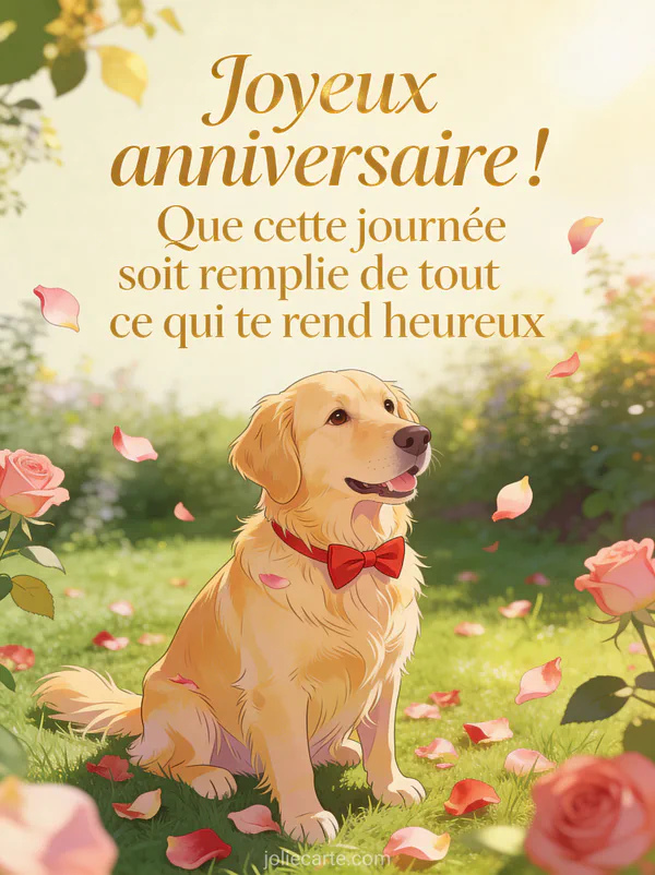 Golden retriever avec noeud papillon rouge dans un jardin ensoleillé entouré de pétales de roses avec texte joyeux anniversaire doré