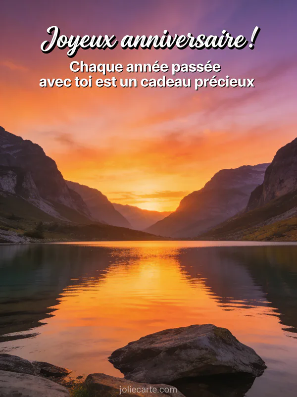 Paysage de montagne au coucher du soleil avec ciel orange et violet, lac calme en contrebas avec texte joyeux anniversaire manuscrit blanc