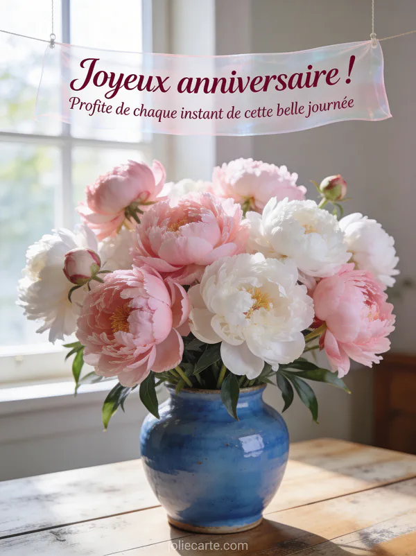 Bouquet luxuriant de pivoines roses et blanches dans un vase en céramique bleu sur table en bois patiné avec texte anniversaire en cursive bordeaux