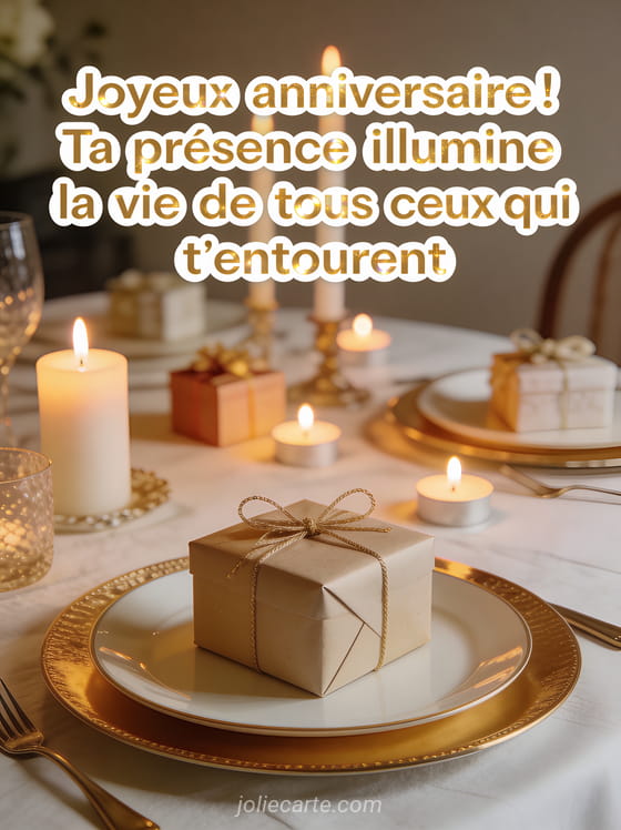 Table de fête élégante avec nappe blanche, assiettes dorées, bougies allumées et petits cadeaux emballés avec texte anniversaire en lettres blanches dorées