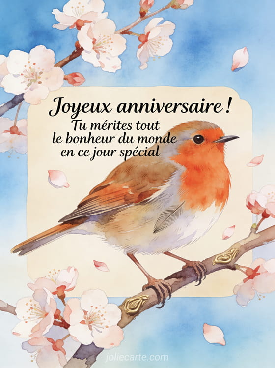 Rouge-gorge perché sur une branche de cerisier en fleurs sur fond de ciel bleu printanier avec texte anniversaire en calligraphie fine
