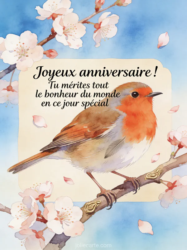 Rouge-gorge perché sur une branche de cerisier en fleurs sur fond de ciel bleu printanier avec texte anniversaire en calligraphie fine