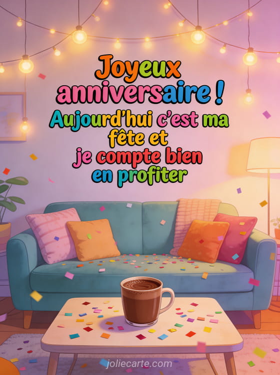 Salon cosy avec guirlandes lumineuses, canapé avec coussins, tasse de chocolat chaud et confettis sur table basse avec texte anniversaire coloré