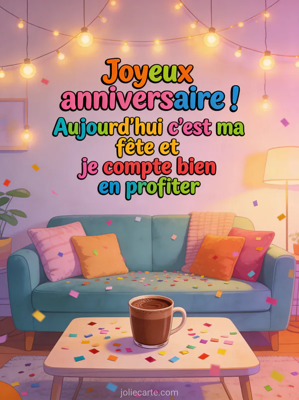 Salon cosy avec guirlandes lumineuses, canapé avec coussins, tasse de chocolat chaud et confettis sur table basse avec texte anniversaire coloré