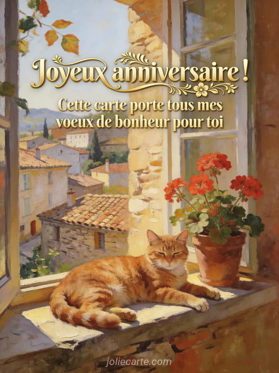 Chat roux allongé sur un rebord de fenêtre ensoleillé avec géraniums rouges et vue sur un village provençal, style peinture à l'huile