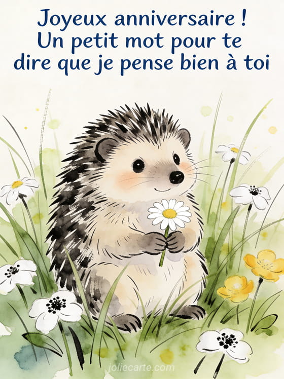 Hérisson mignon tenant une marguerite dans ses pattes assis dans l'herbe haute avec des pâquerettes, style illustration encre et aquarelle