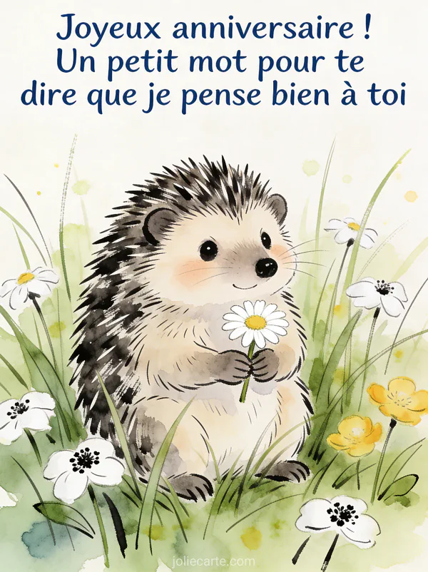 Hérisson mignon tenant une marguerite dans ses pattes assis dans l'herbe haute avec des pâquerettes, style illustration encre et aquarelle