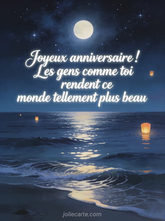 Ciel étoilé au-dessus d'un océan calme la nuit avec reflets de lune sur l'eau et lanternes flottantes au loin, texte anniversaire en calligraphie blanche