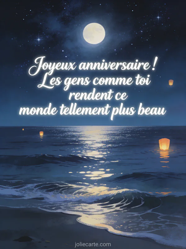 Ciel étoilé au-dessus d'un océan calme la nuit avec reflets de lune sur l'eau et lanternes flottantes au loin, texte anniversaire en calligraphie blanche