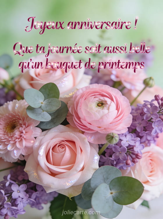 Composition florale de roses, renoncules, eucalyptus et lilas en tons rose pastel et mauve avec texte anniversaire en cursive rose foncé