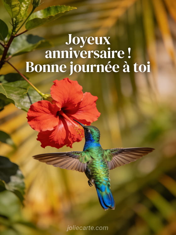 Colibri aux plumes iridescentes vertes et bleues en vol devant une fleur d'hibiscus rouge vif sur fond tropical, style illustration naturaliste
