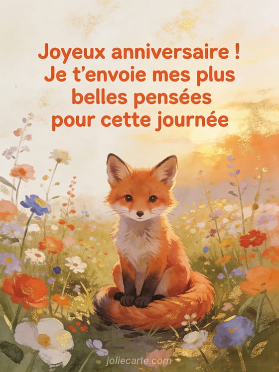 Petit renard roux assis dans une clairière au milieu de fleurs des champs multicolores, queue enroulée, lumière dorée de fin de journée, style gouache