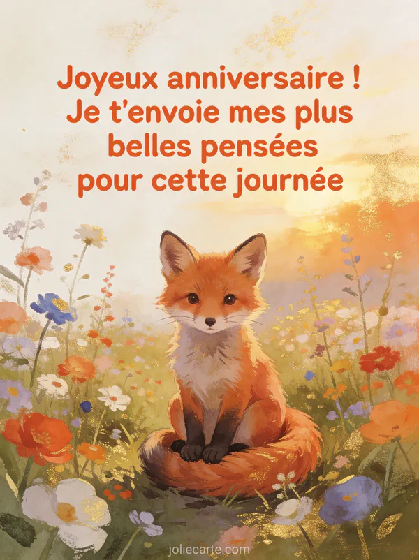Petit renard roux assis dans une clairière au milieu de fleurs des champs multicolores, queue enroulée, lumière dorée de fin de journée, style gouache