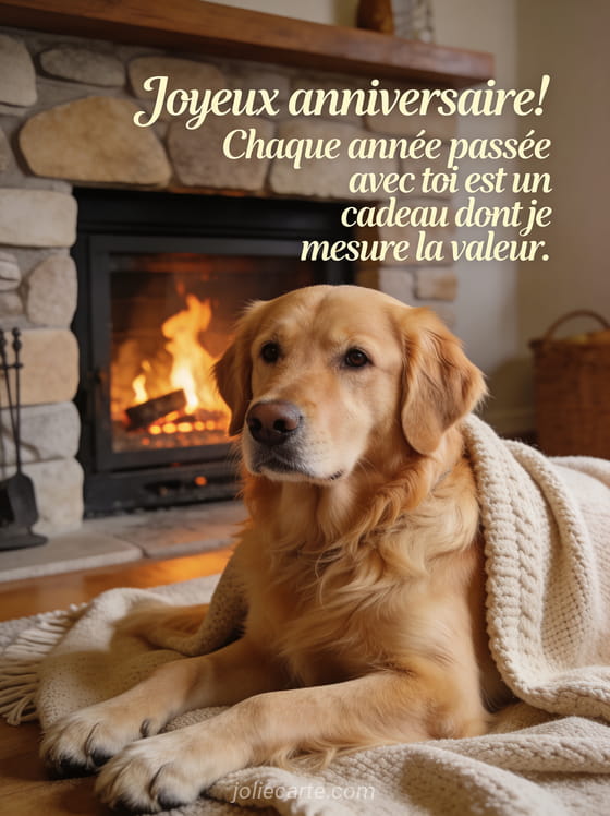 Golden retriever allongé sur un plaid devant une cheminée avec le texte Joyeux anniversaire chaque année passée avec toi est un cadeau