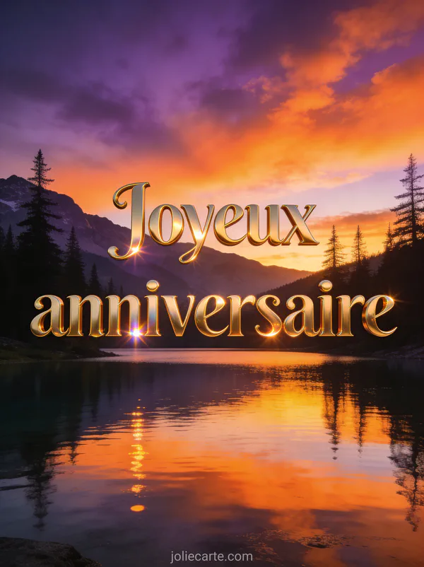 Paysage de montagne au coucher du soleil avec lac reflétant les couleurs orangées et violettes du ciel avec le texte Joyeux anniversaire