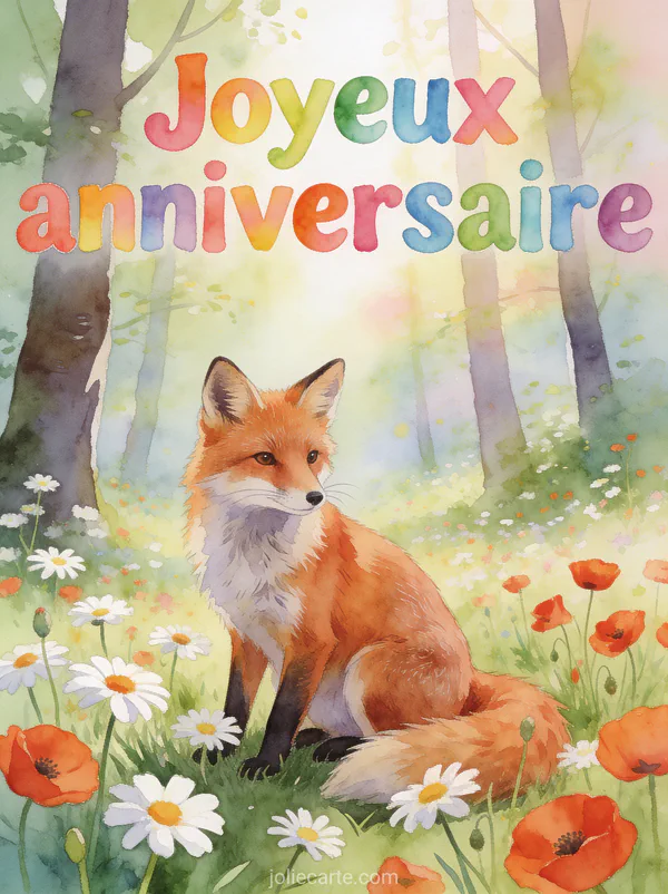 Renard roux assis dans une clairière fleurie au printemps avec marguerites et coquelicots style aquarelle avec le texte Joyeux anniversaire