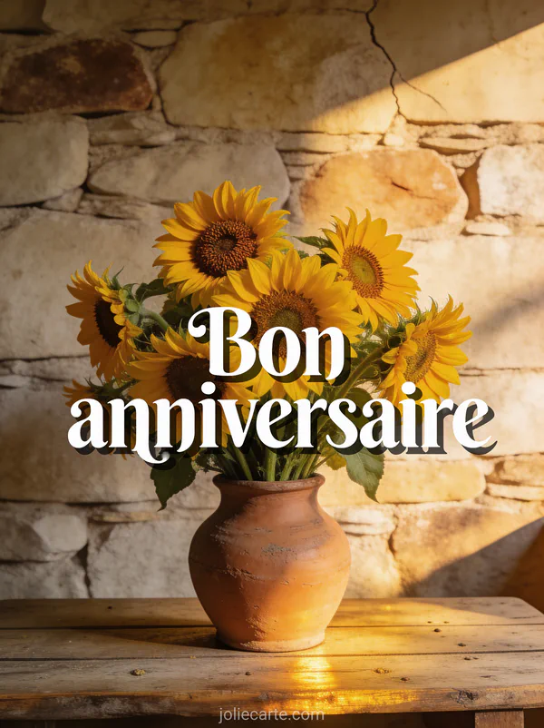 Bouquet de tournesols dans un vase en terre cuite sur une table en bois rustique avec mur en pierre naturelle et le texte Bon anniversaire