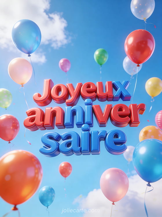 Ballons colorés flottant dans un ciel bleu d'été avec grandes lettres 3D rouges et bleues et le texte Joyeux anniversaire