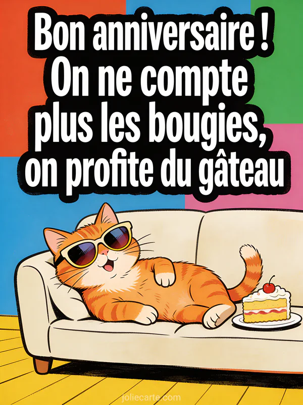 Chat roux portant des lunettes de soleil surdimensionnées affalé sur un canapé avec une part de gâteau style illustration humoristique