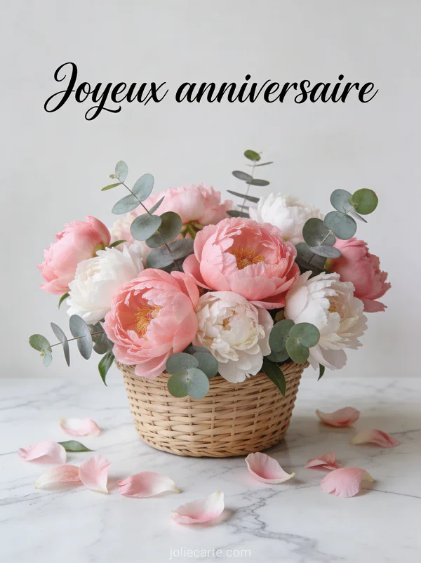 Composition florale de pivoines roses et blanches avec eucalyptus dans un panier en osier sur surface en marbre avec le texte Joyeux anniversaire