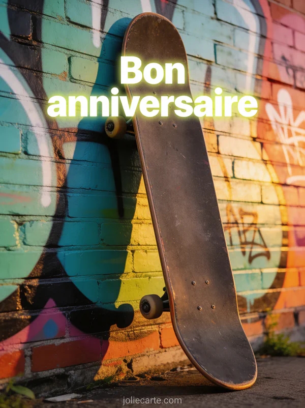 Skateboard posé contre un mur de briques coloré avec graffitis artistiques et effet néon avec le texte Bon anniversaire