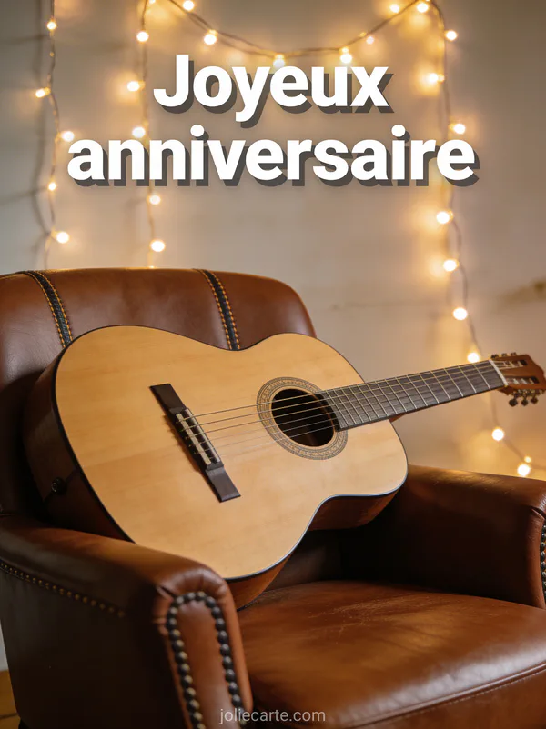 Guitare acoustique posée sur un fauteuil en cuir brun avec guirlande lumineuse en arrière-plan et le texte Joyeux anniversaire