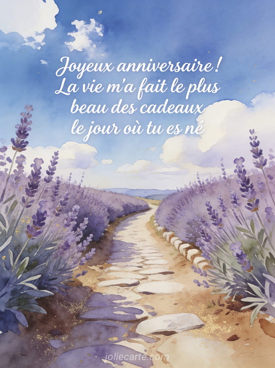 Chemin de campagne bordé de lavande sous un ciel bleu avec nuages blancs en style aquarelle avec le texte Joyeux anniversaire