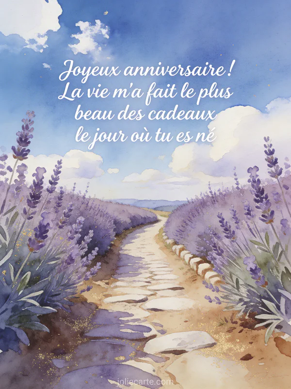 Chemin de campagne bordé de lavande sous un ciel bleu avec nuages blancs en style aquarelle avec le texte Joyeux anniversaire