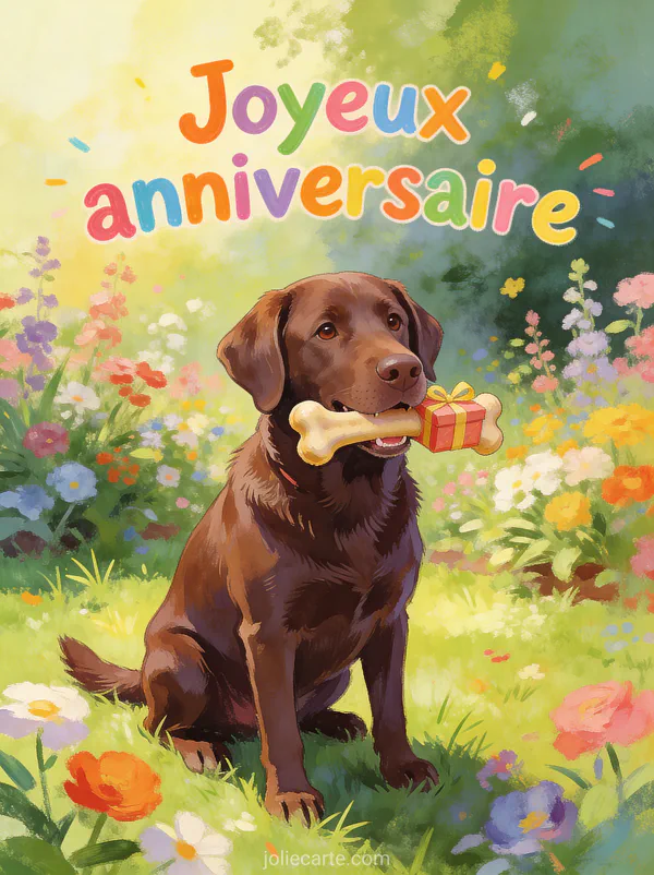 Labrador chocolat assis dans un jardin fleuri tenant un os en forme de cadeau dans la gueule avec le texte Joyeux anniversaire