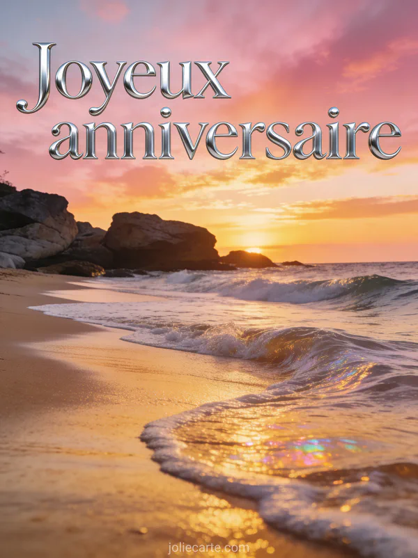 Panorama de bord de mer au coucher du soleil avec vagues sur sable doré et ciel embrasé de rose et d'or avec le texte Joyeux anniversaire