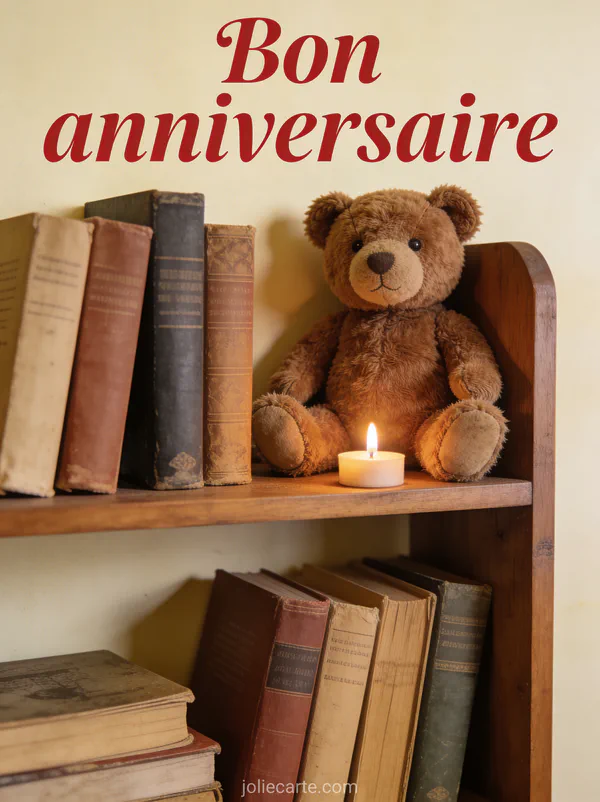 Ours en peluche vintage sur une étagère en bois avec livres anciens et bougie allumée avec le texte Bon anniversaire