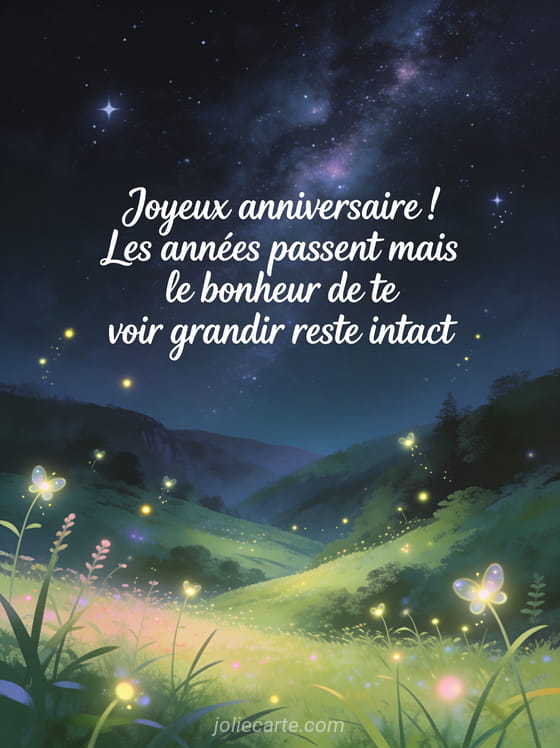 Ciel étoilé au-dessus d'une vallée verdoyante avec lucioles scintillantes et voie lactée visible style illustration onirique