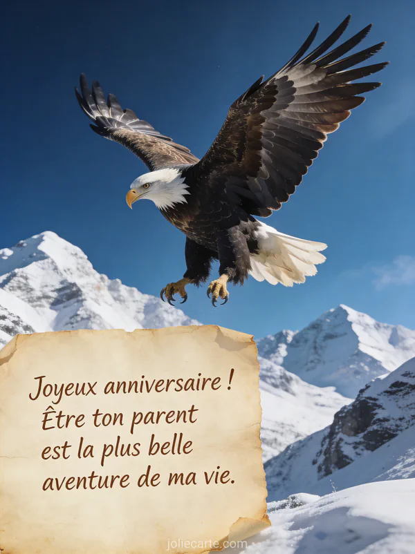 Aigle royal planant au-dessus de sommets enneigés sous un ciel bleu profond avec le texte Joyeux anniversaire