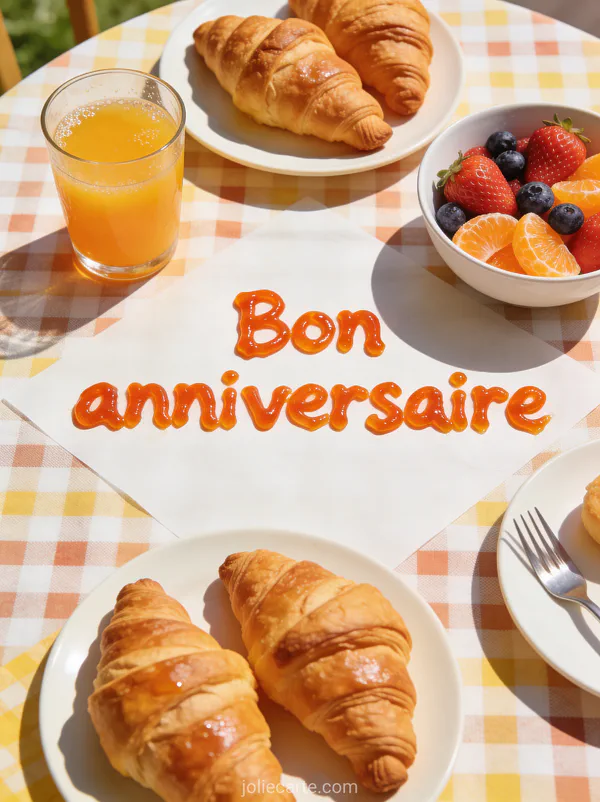 Table de petit-déjeuner ensoleillée avec croissants dorés, bol de fruits frais et verre de jus d'orange avec le texte Bon anniversaire