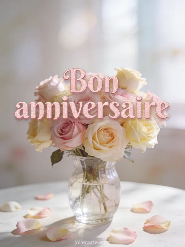 Bouquet de roses anciennes rose pâle et crème dans un vase en verre transparent avec pétales sur une table et le texte Bon anniversaire
