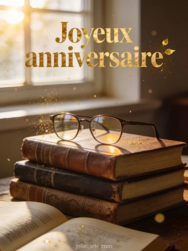 Pile de livres anciens reliés en cuir avec lunettes posées dessus et lumière du soleil filtrant par une fenêtre avec le texte Joyeux anniversaire