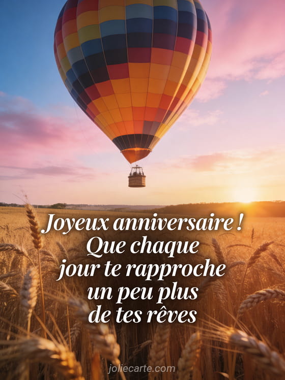 Montgolfière colorée s'élevant au-dessus d'un champ de blé doré au lever du soleil avec ciel rose et bleu style illustration poétique