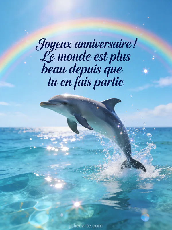 Dauphin bondissant hors d'une mer cristalline sous un arc-en-ciel avec éclaboussures scintillantes style illustration réaliste marine