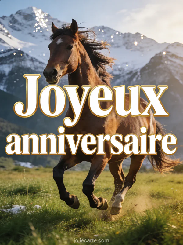 Cheval brun galopant dans une prairie verte au pied de montagnes enneigées avec lumière dorée de fin d'après-midi et le texte Joyeux anniversaire