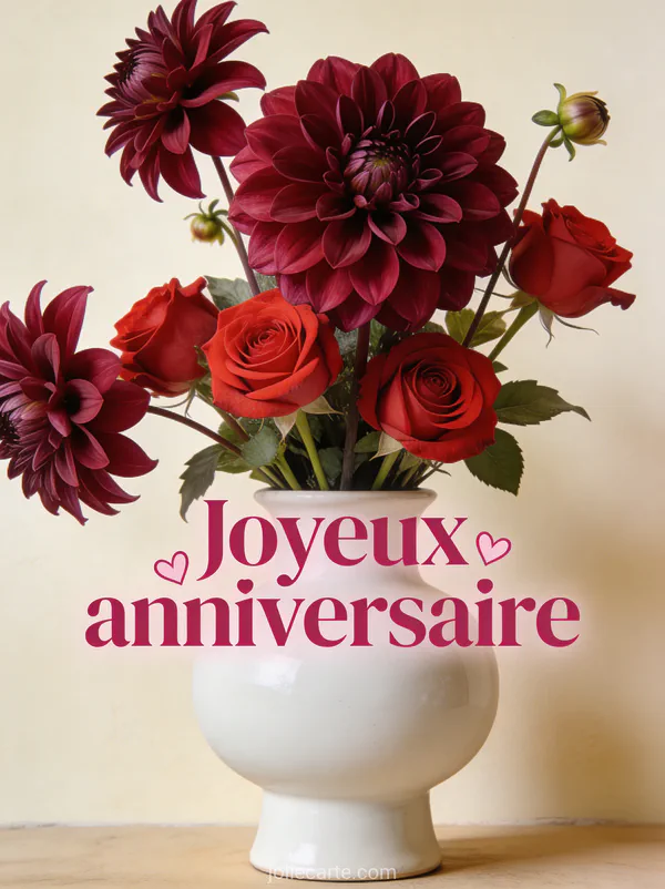 Arrangement de dahlias bordeaux et de roses rouges dans un vase en céramique blanche sur fond crème avec le texte Joyeux anniversaire