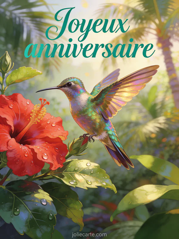 Colibri aux plumes iridescentes en vol stationnaire devant une fleur d'hibiscus rouge avec gouttelettes de rosée style illustration naturaliste